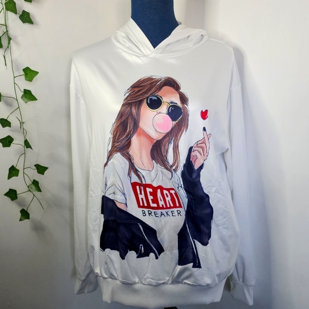 White Satin Hoodie Sweatshirt Heartbreaker Girl on Front